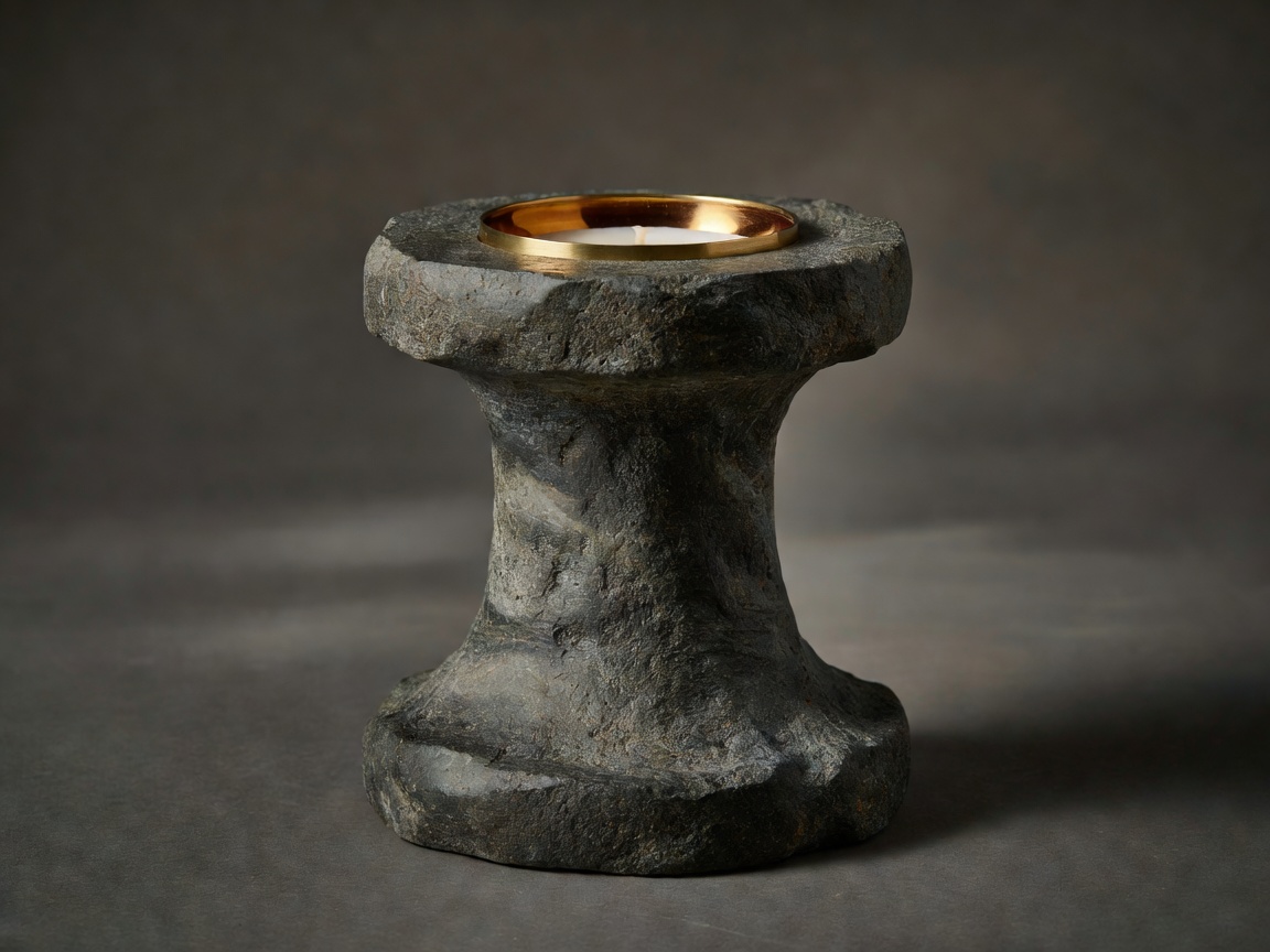 Aurelia Basalt Pedestal Votive - Carved volcanic stone candle holder with amber brass reflector core