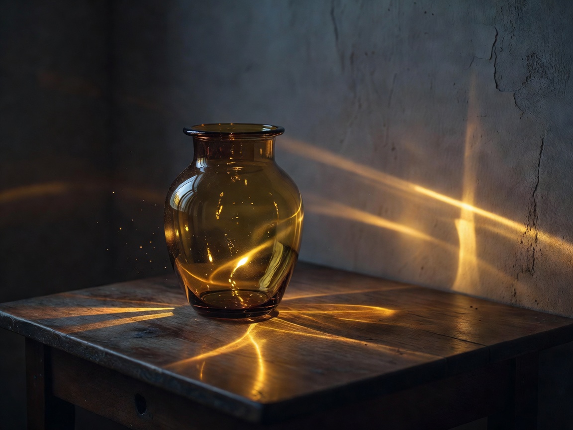 Golden hour warm amber light refracting through cast amber glass vessel in twilight room