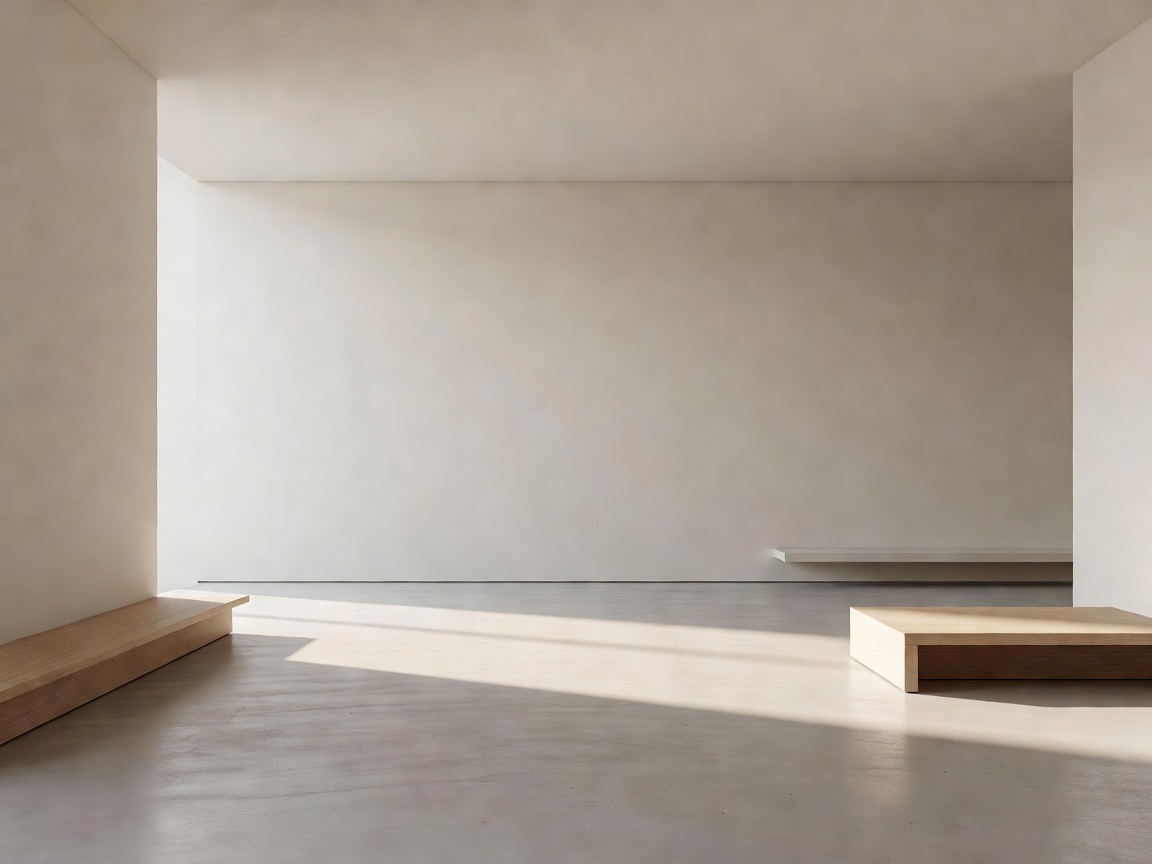 Architectural living space featuring minimalist stone sculpture and warm light