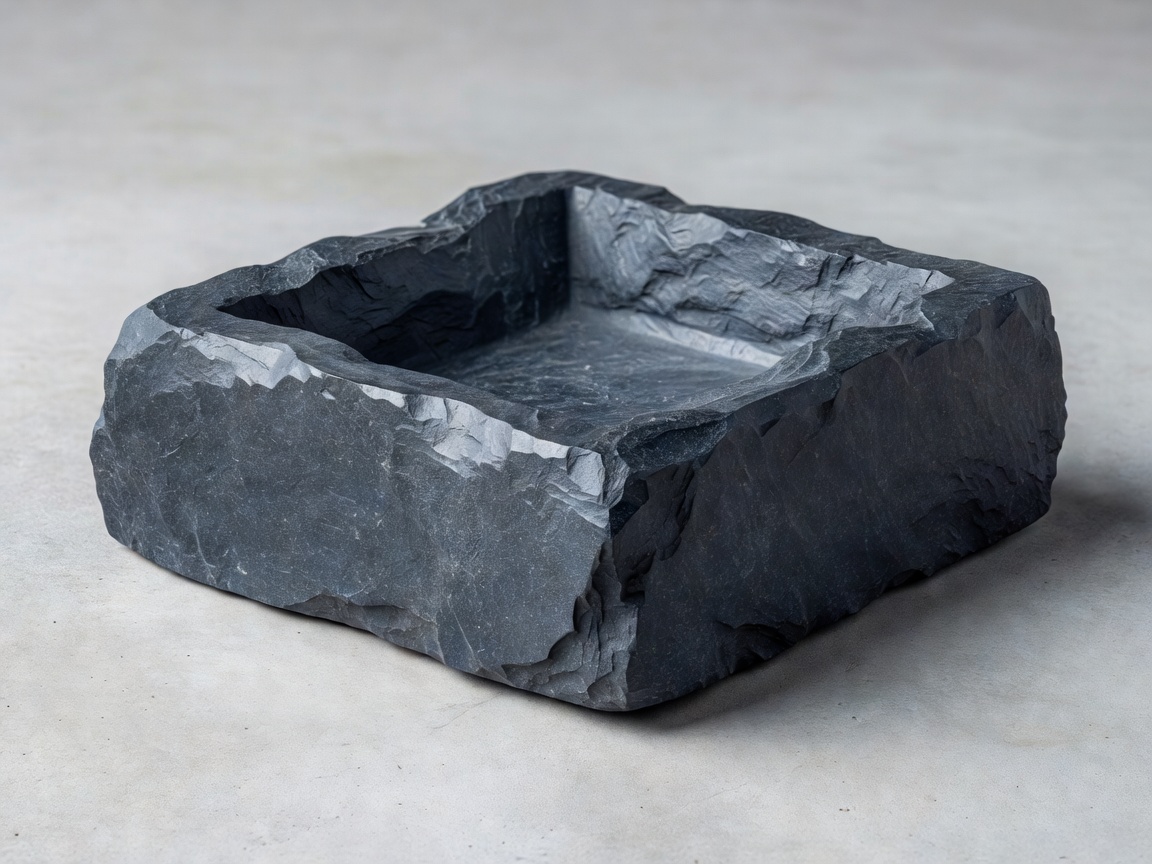 Slate Monolith Catchall carved dark grey stone tray