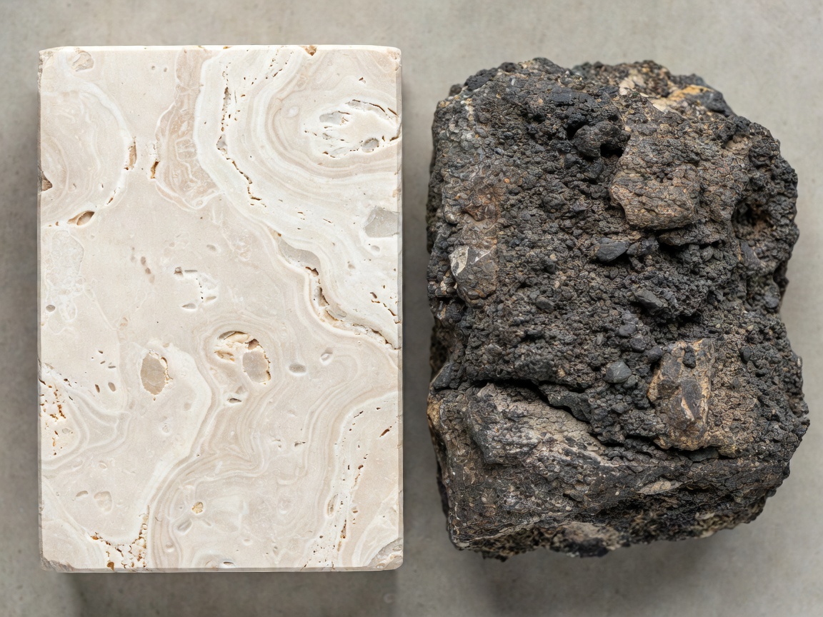 Tactile comparison of honed limestone travertine and volcanic basalt rock surfaces