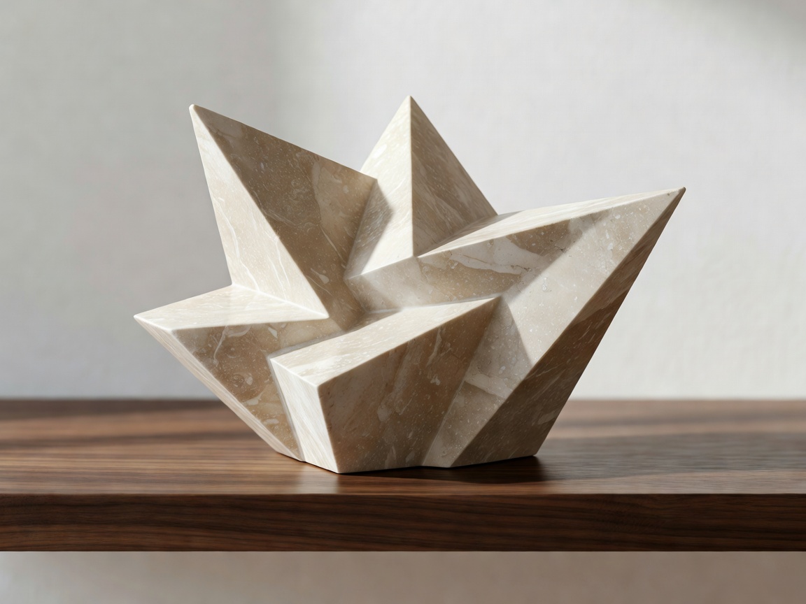 Travertine Geometric Sculpture - Hand-honed beige travertine stone prism object